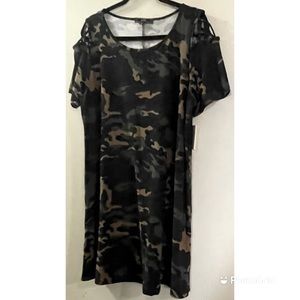 Camouflage print T-shirt dress with peak-a-boo shoulders